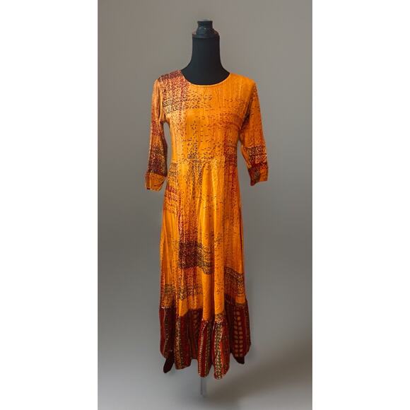 Neerus Marigold Boho Ethnic Embroidered Maxi Dress Large Preowned Rayon - Picture 3 of 9